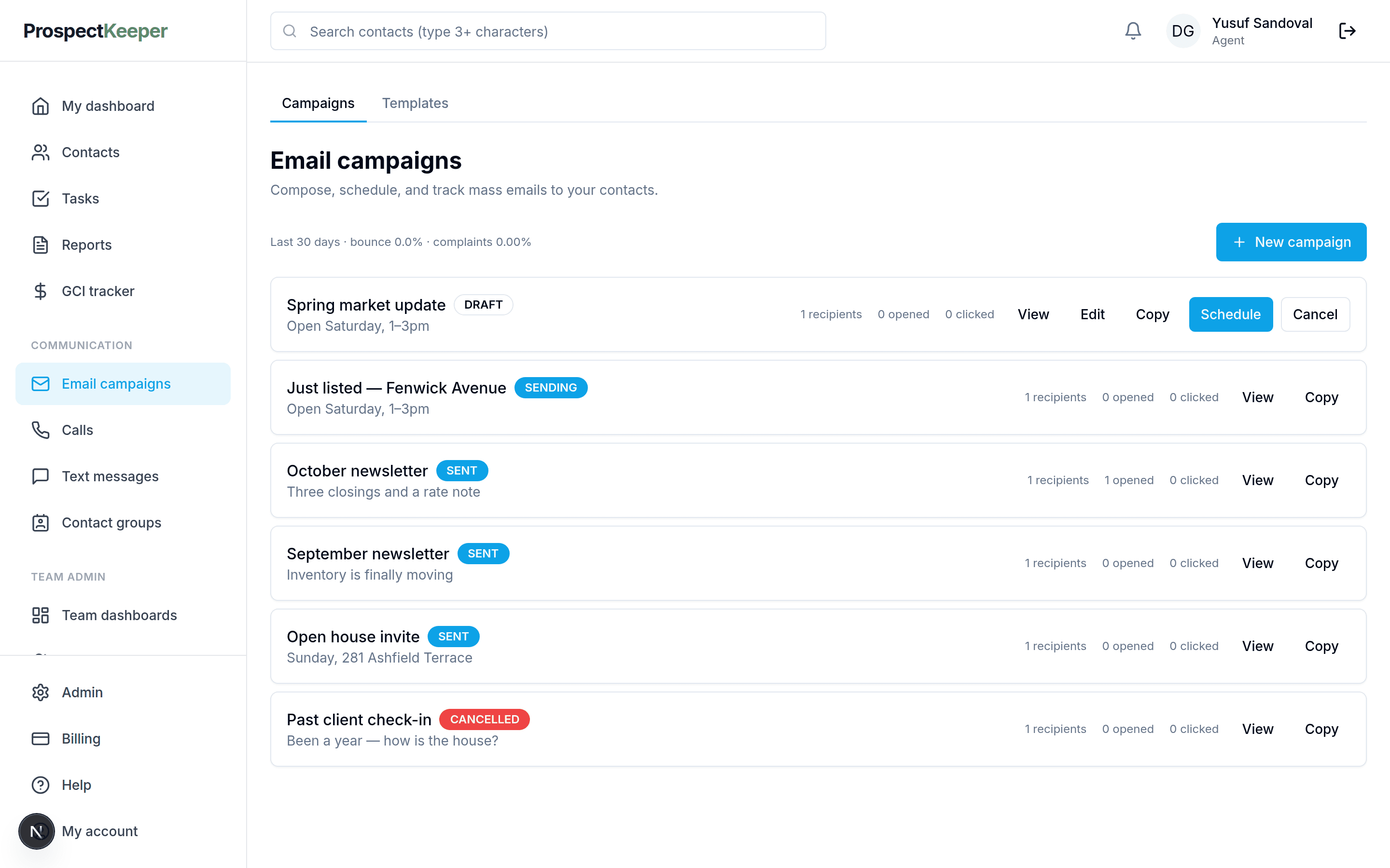 Email campaigns with their state, recipients, and open and click counts.