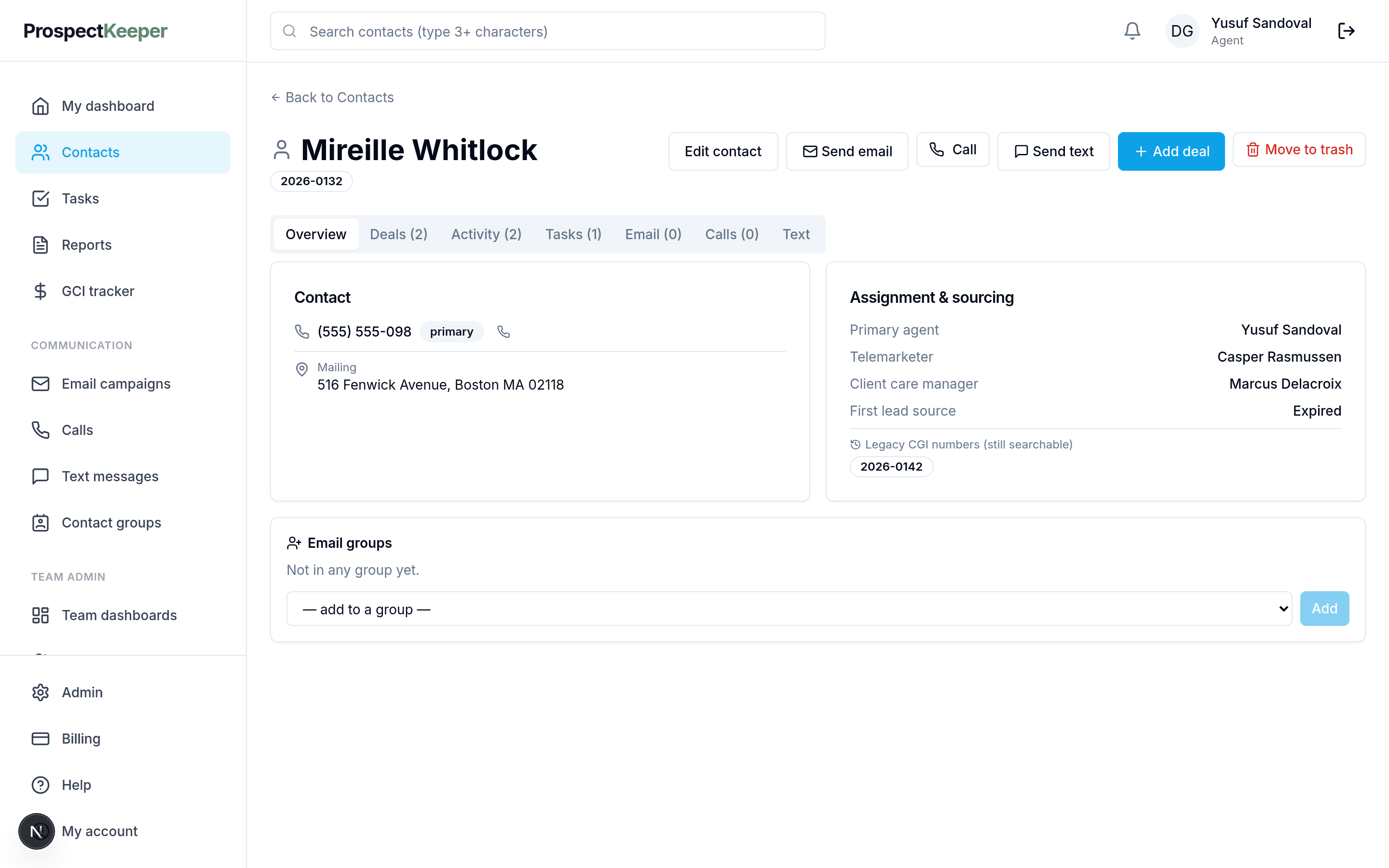 A client record: contact details, who is assigned to them, their deals and their activity, on one screen.