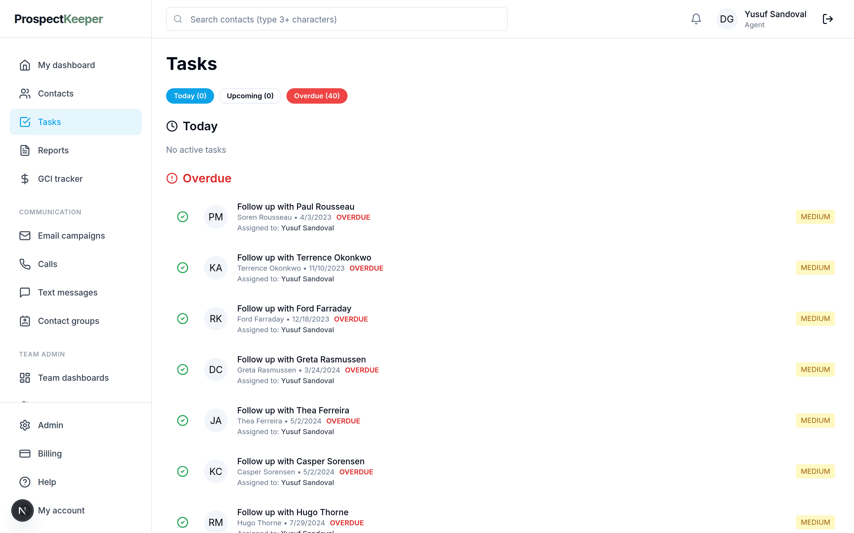 The tasks screen: today, upcoming and overdue follow-ups, each naming its client, its due date and the person it is assigned to.